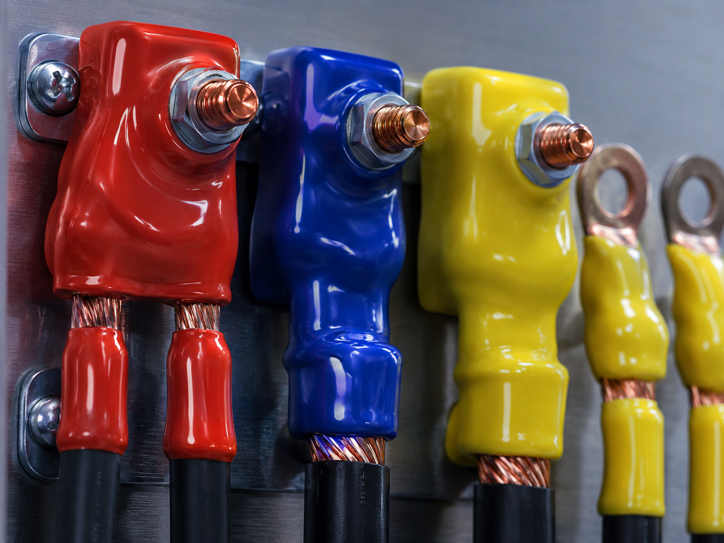 Detalle de bornes y terminales eléctricos recubiertos con Plasti Dip en distintos colores