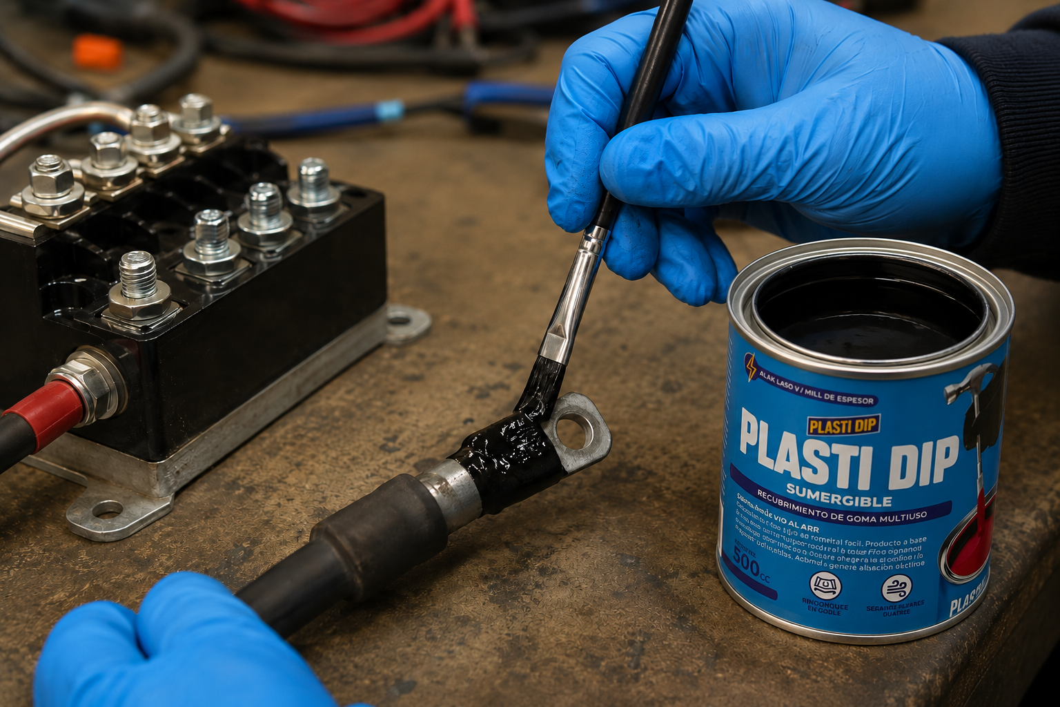 Aplicación de Plasti Dip con pincel sobre un terminal eléctrico industrial