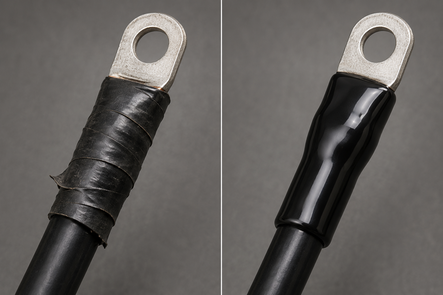 Comparativa visual entre cinta aisladora tradicional y Plasti Dip sobre una conexión eléctrica