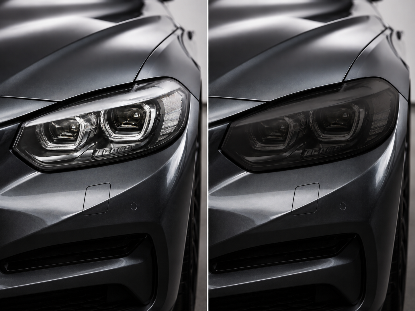 Comparativa antes y después de una óptica delantera ahumada con Plasti Dip Smoke